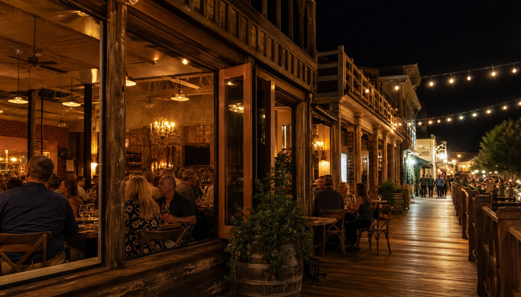 Dinner hour on Old Town Front Street, string lights over the boardwalk