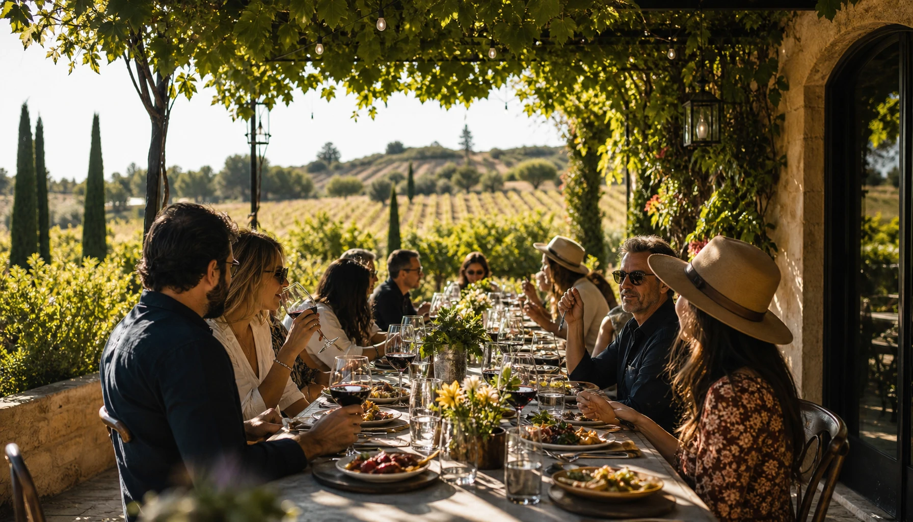 Long lunch on a vineyard terrace — the actual point of the exercise