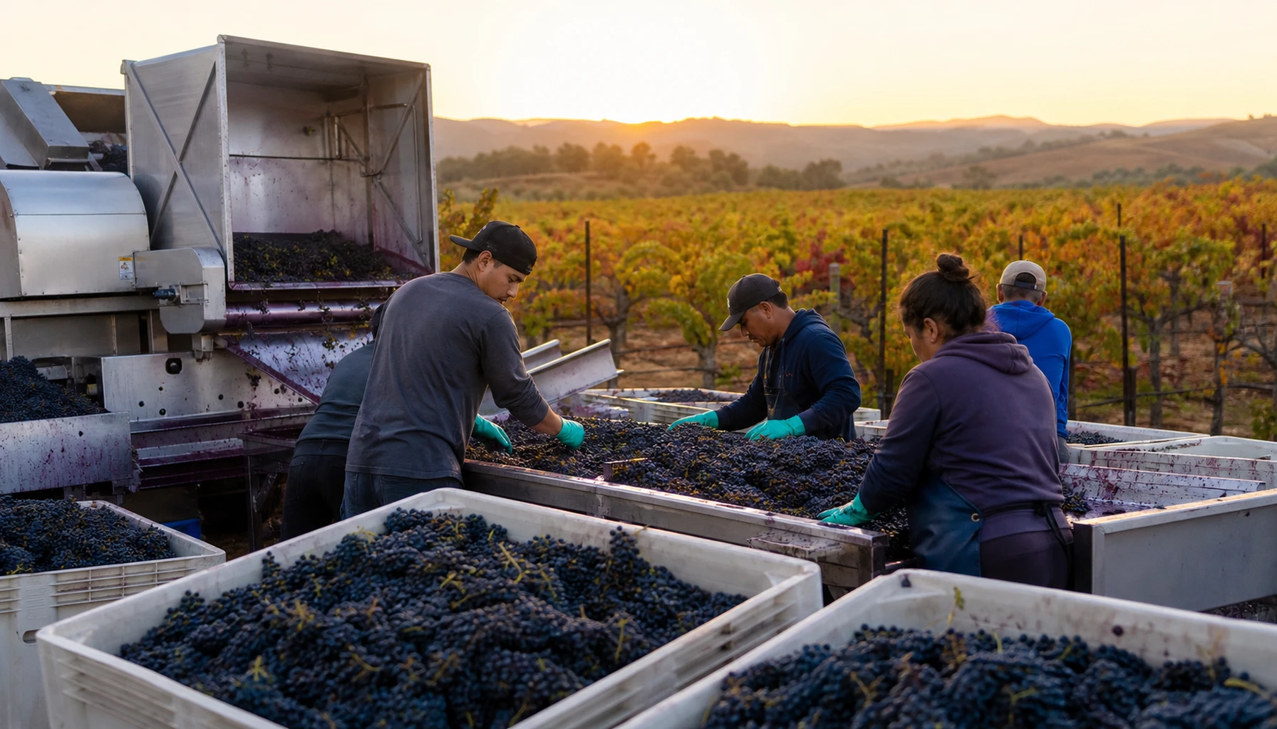 Bins of just-picked fruit at first light — crush season, the valley’s busiest party