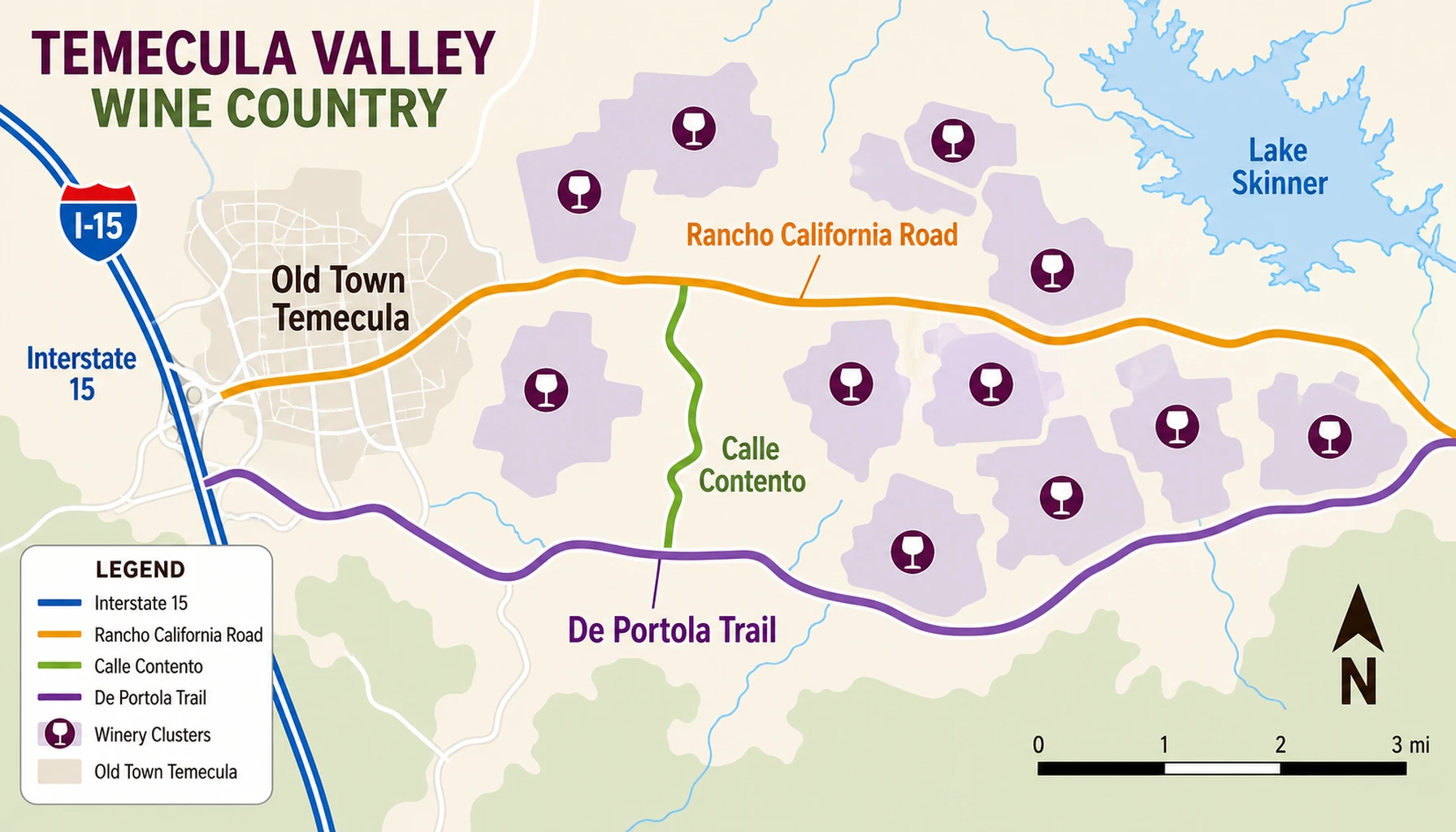 Wine country at a glance — Old Town, the three trails, and the roads between