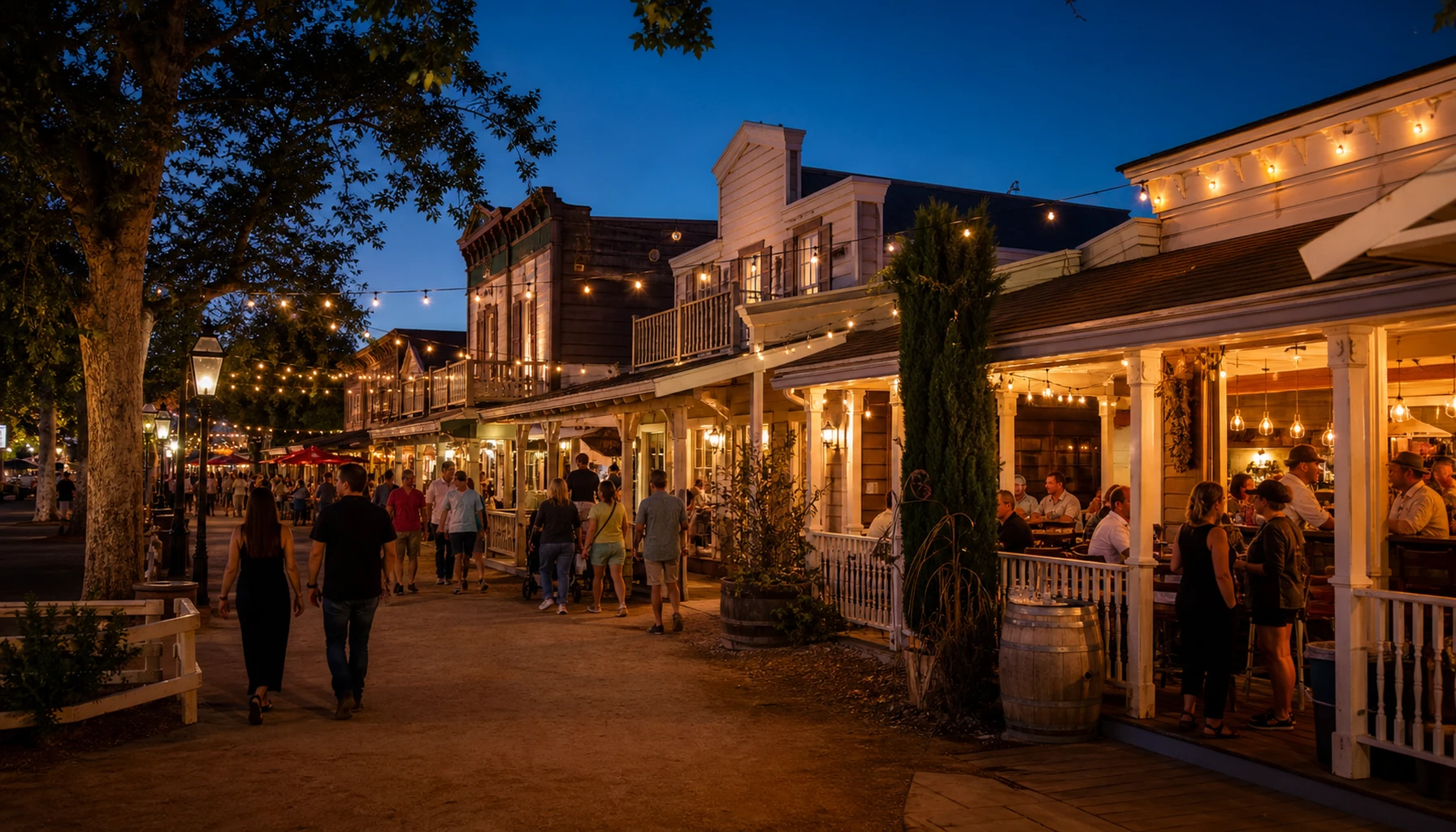 Old Town’s boardwalk lights coming on — the evening shift begins