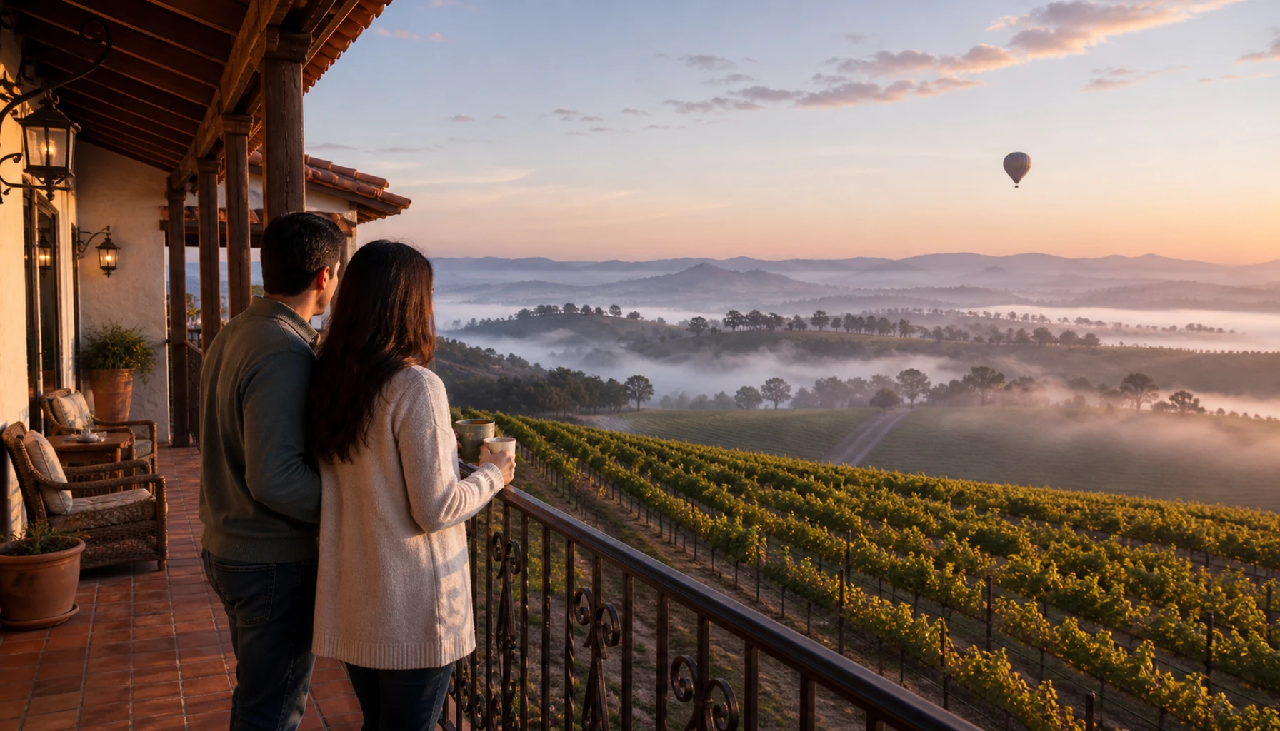 Morning fog burning off past a vineyard inn — the hour the day-trippers miss