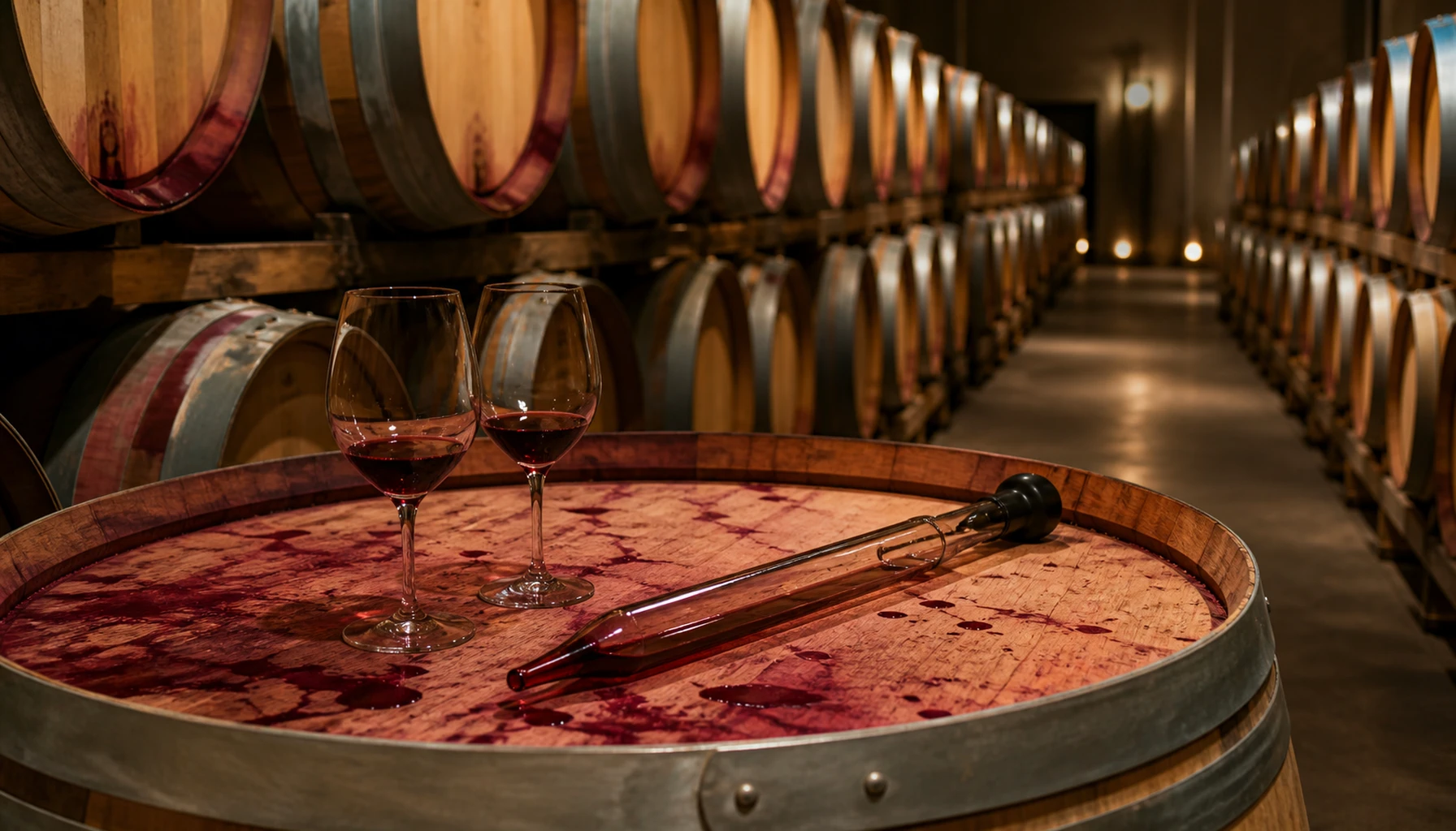 Barrel rows in a working cellar — where the patient part happens
