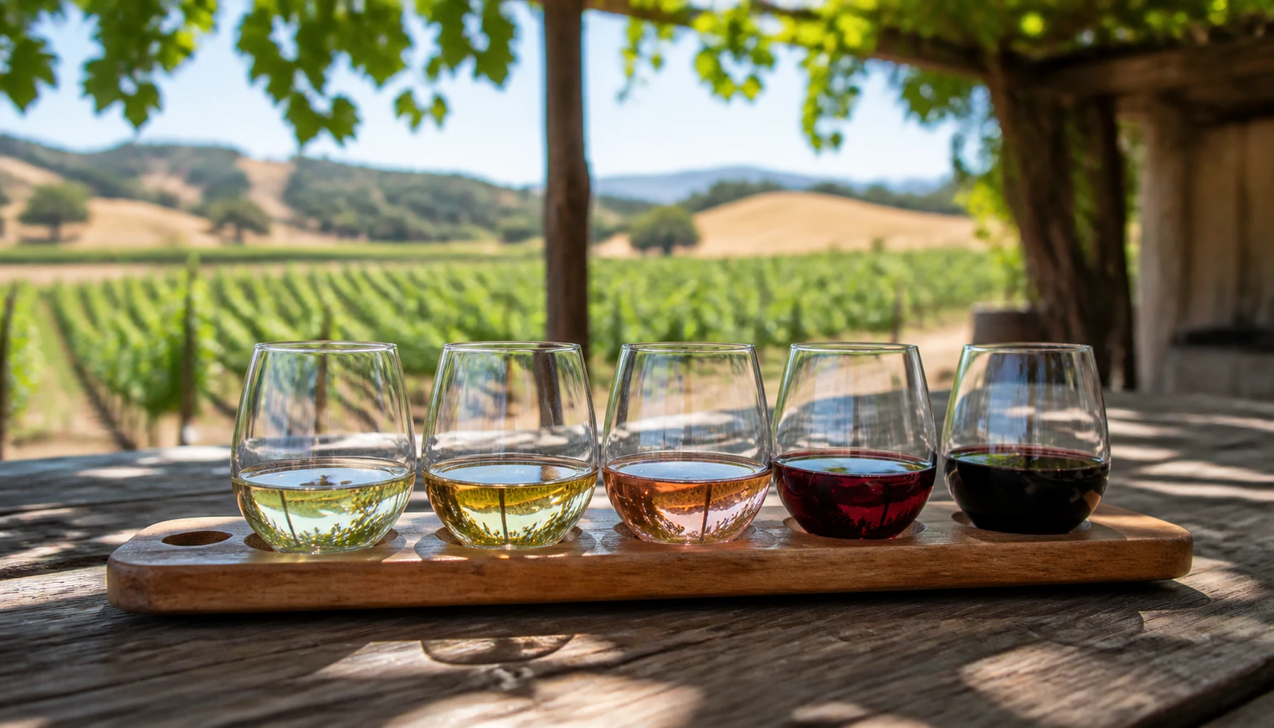 A flight on the patio — five glasses, one view, no hurry