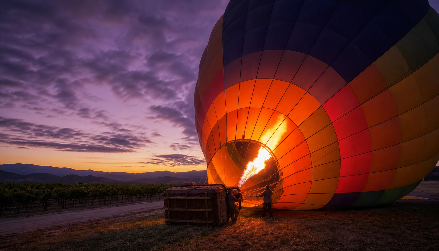 Inflation at first light — the burners glowing against a violet sky